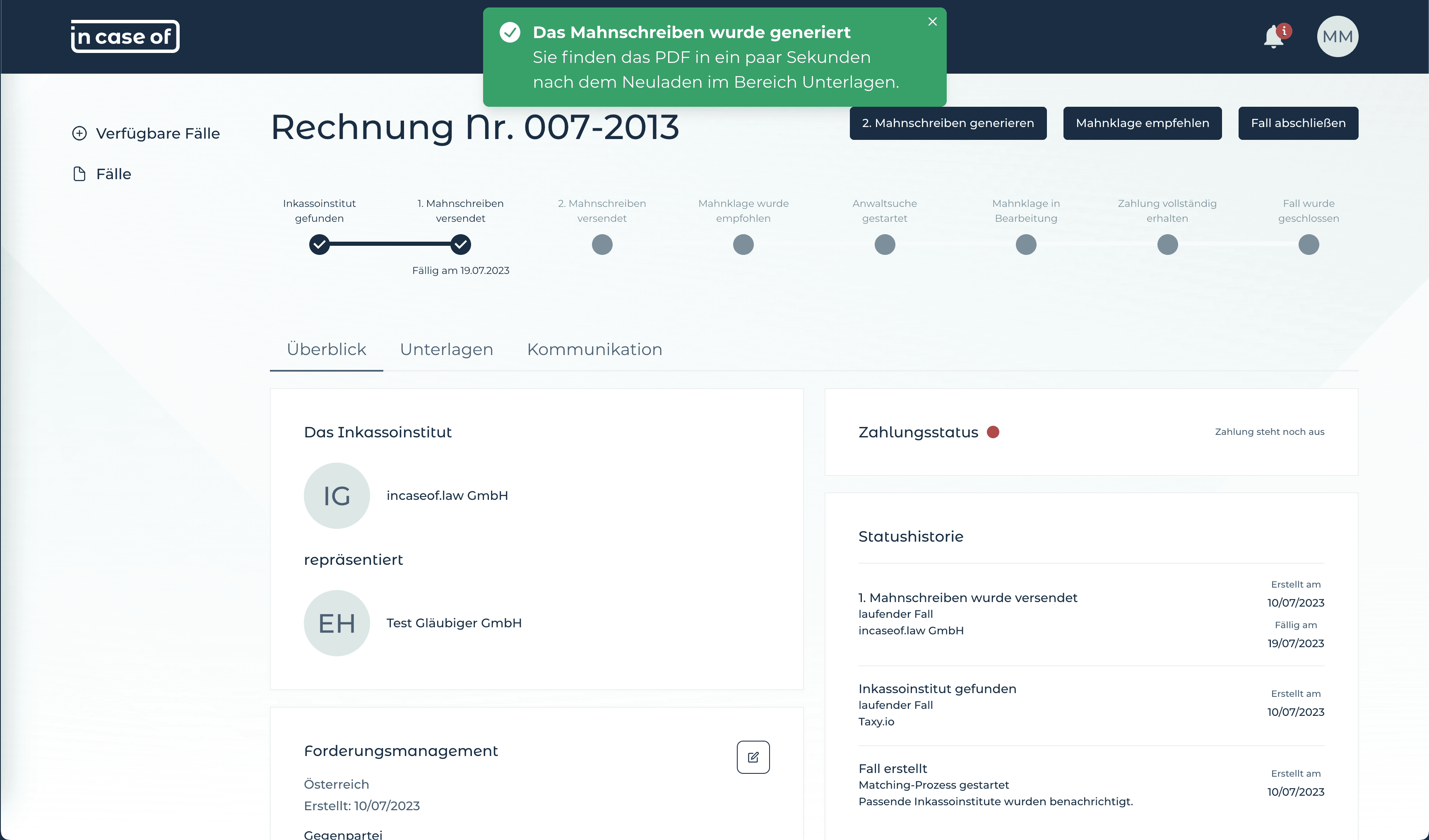 incaseof.law - Automatisches außergerichtliches Inkasso