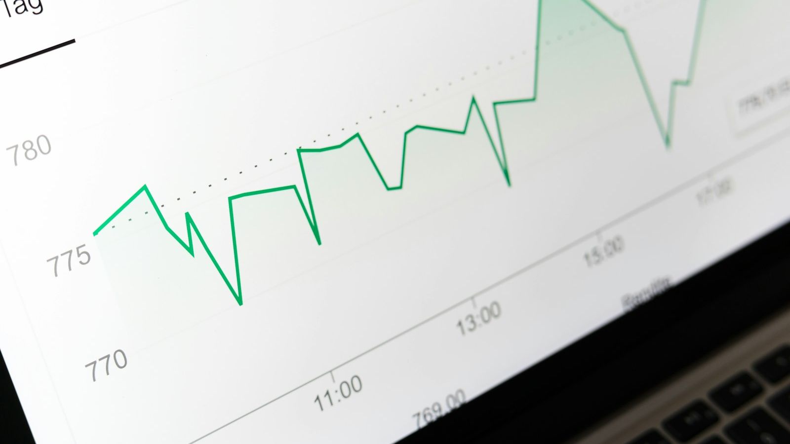 A rising line diagram on paper next to a laptop