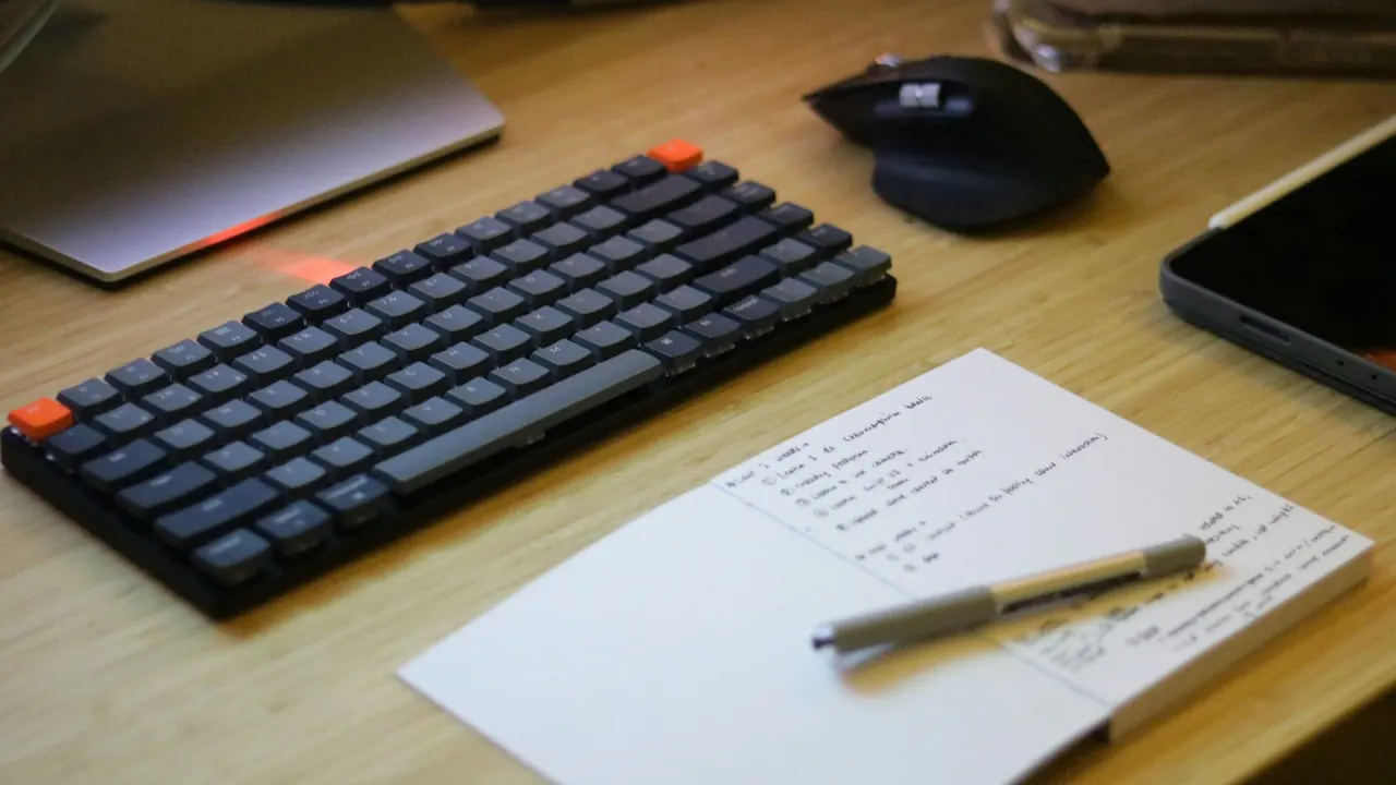 Handwritten note next to a keyboard and pen